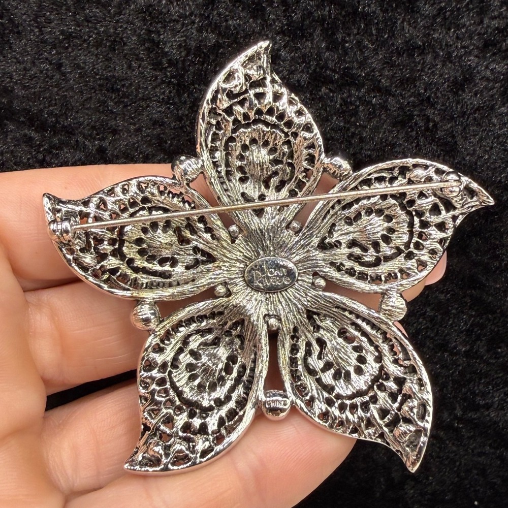 Vintage Joan Rivers Flower Brooch Silver Tone Purple Rhinestone Signed - Picture 8 of 13